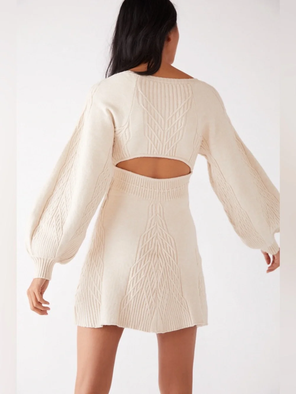 Free People Emmaline Mini Sweater Dress in Ivory Cream L Large Bishop Sleeve